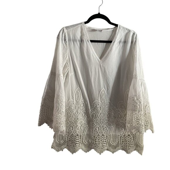 Chicos Sz 0 US 4/6 White Cotton V-Neck Bell Sleeves Embroidered Lace Cutout Top - Picture 2 of 10